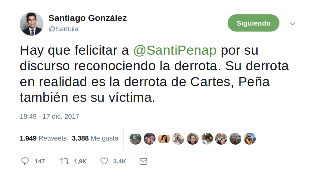 Figura 6. Tweet del periodista Santiago González luego del anuncio de resultados del TREP