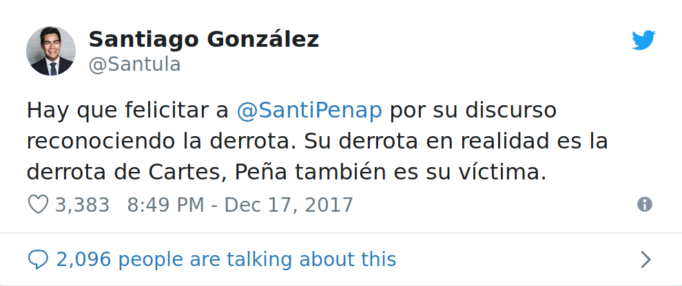 Figura 5. Tweet del periodista Santiago González en el que menciona a Santiago Peña, candidato del movimiento Honor Colorado