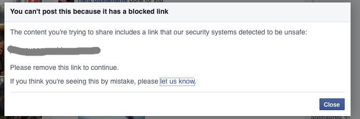 Imagen de Facebook alegando los motivos por los cuales un link no puede ser compartido en dicha red social