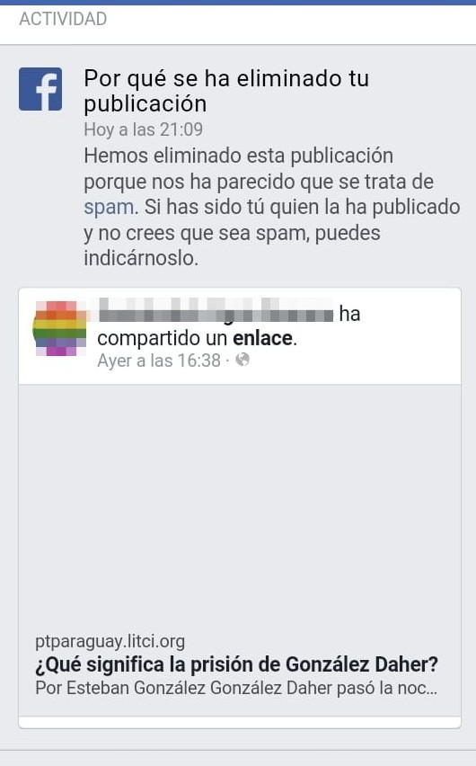 Link compartido en Facebook por el PT y posteriormente calificado como spam por dicha red social. Imagen proveída por el Partido de los Trabajadores.