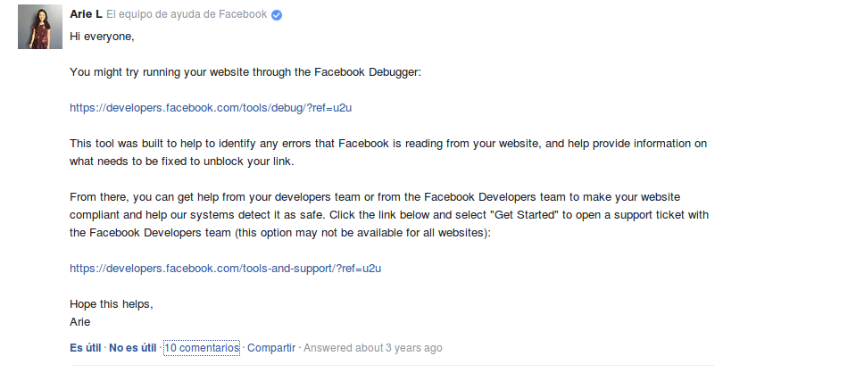 Respuesta en foro de consultas de Facebook por parte de la compañía y solo en inglés. Imagen extraída del foro de consultas de Facebook