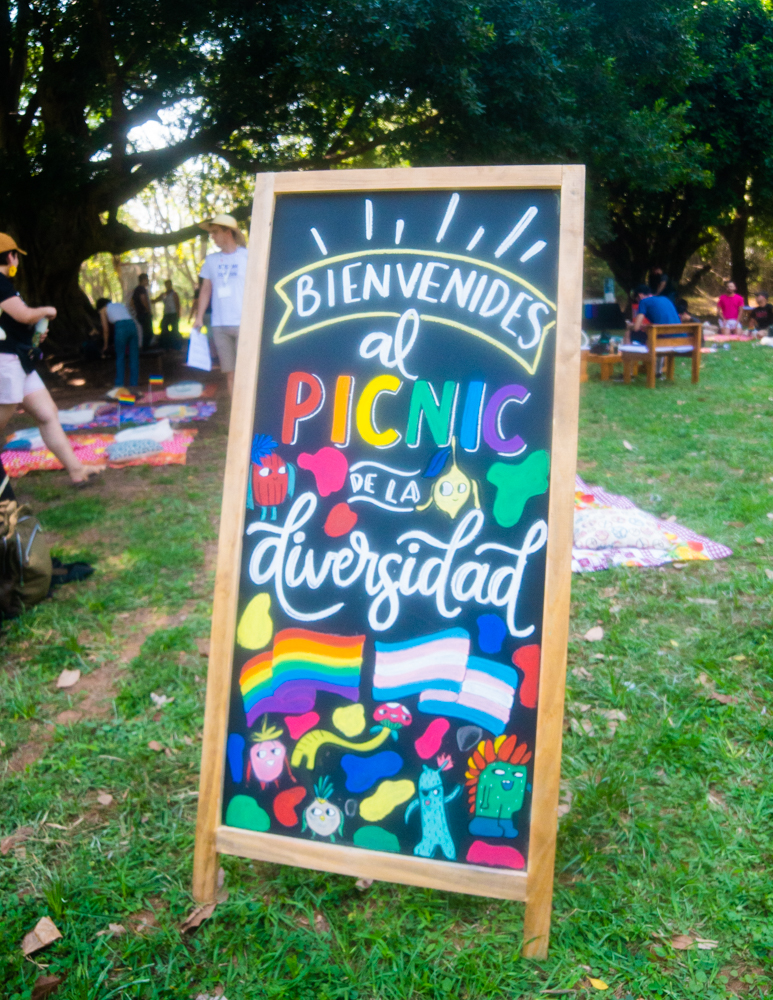 foto que muestra una pizarra con el texto "bienvenides al picnic de la diversidad".