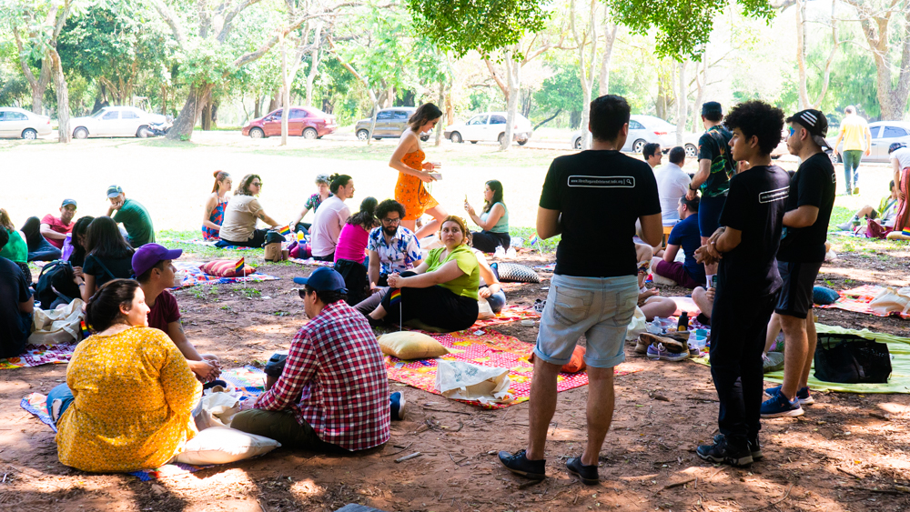 People listening to event volunteers who gave information about digital security and some of our campaigns