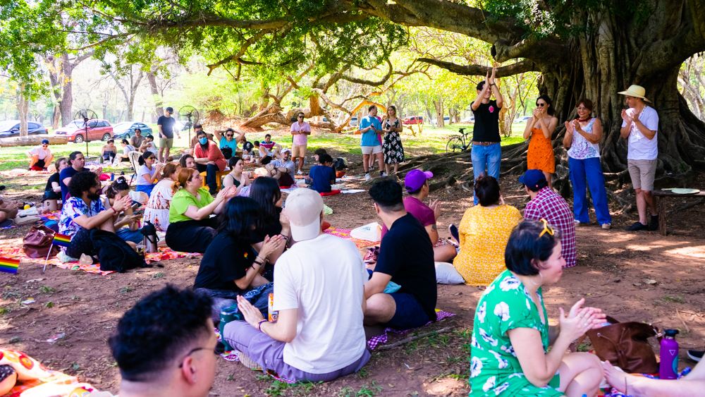 People listening to event organizers