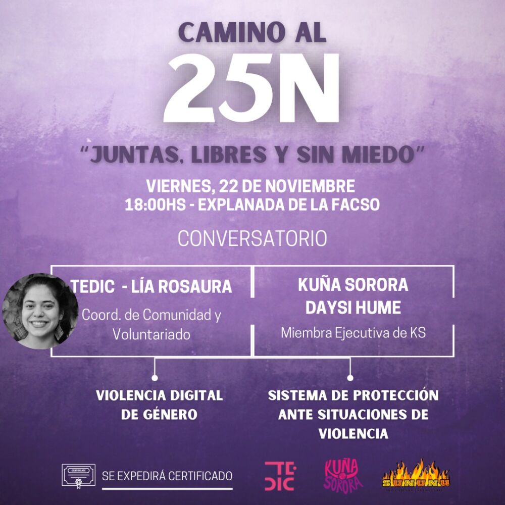 Placa con texto: conversatorio juntas, libres y sin miedo.