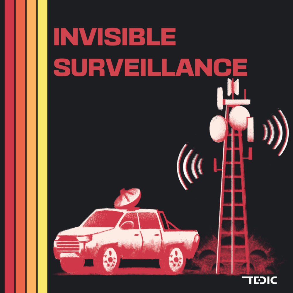 Flyer con el titular: "Invisible surveillance".