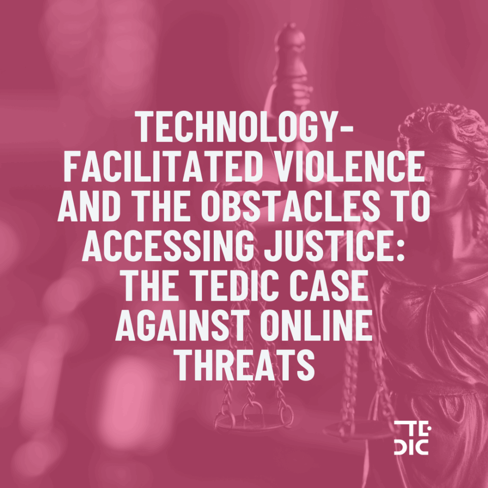 Flyer with the text "Technology-facilitated violence and the obstacles to accessing justice: The TEDIC case against online threats".