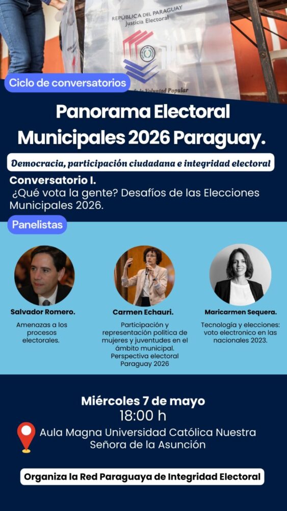 Flyer de invitación a al conversatorio "Panorama electoral Municipales 2026 Paraguay".